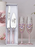 Baby pink silver quinceanera cake knife set with 2 glasses