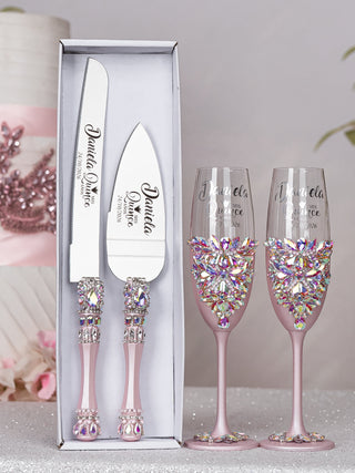 Baby pink silver quinceanera cake knife set with 2 glasses