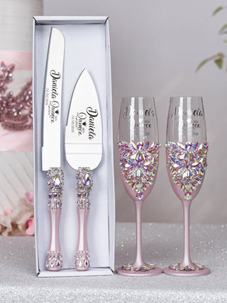Baby pink silver quinceanera cake knife set with 2 glasses