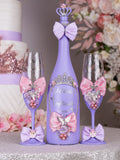 Lilac Pink with Bow quinceanera cake knife set with 2 glasses