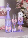 Lilac Pink with Bow quinceanera cake knife set with 2 glasses