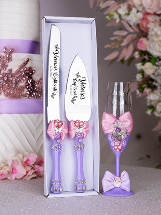 Lilac Pink with Bow quinceanera package of bottle, glass and candle