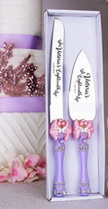 Lilac Pink with Bow quinceanera cake knife set with 2 glasses