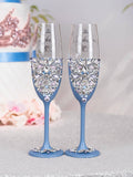 Dusty Blue silver quinceanera cake knife set with 1 glass and bottle