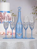 Dusty Blue silver Quinceanera cake knife set with 2 glasses