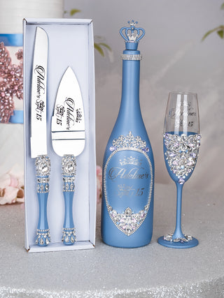 Dusty Blue Silver cake knife and server with 1 glass and botell