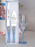 Dusty Blue silver Quinceanera cake knife set with 2 glasses