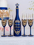 Navy Blue gold quinceanera bottle with 4 glasses