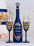 Navy blue gold quinceanera bottle with 2 glasses