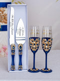 Navy blue quinceanera cake knife set with 2 glasses