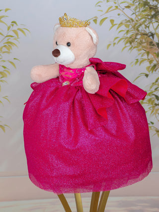 Fuchsia with Gold Brown Teddy Bear for quinceanera