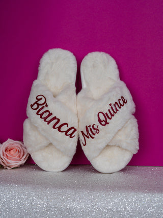 Quinceanera Personalized Slippers Ivory with Burgundy