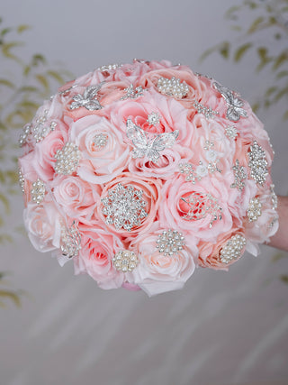Blush silver quinceanera bouquet 13 inches with Crown