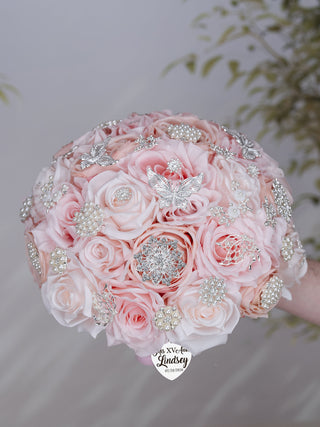Blush silver quinceanera bouquet 13 inches with Crown