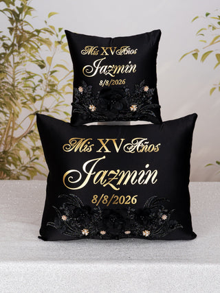 Black with Gold Quinceanera theme package of pillows set, Bible and guest book