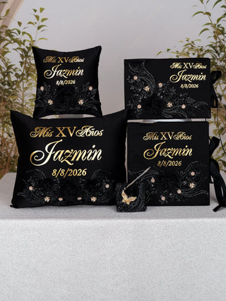 Black with Gold Quinceanera theme pillows set, guest book with album de fotos
