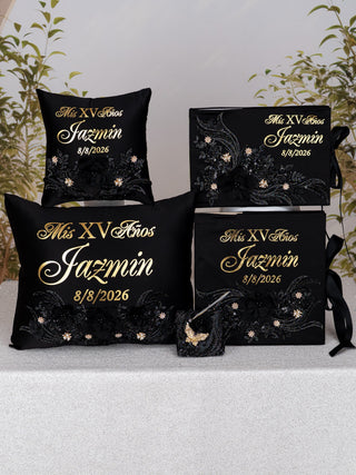 Black with Gold Quinceanera theme pillows set, guest book with album de fotos