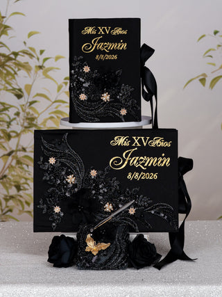 Black with Gold Quinceanera theme pillows set, guest book with album de fotos