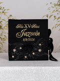 Black with Gold Quinceanera theme pillows set, guest book with album de fotos