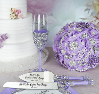 Lilac quinceanera cake knife set with 1 glass