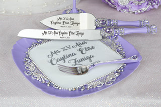 Lilac quinceanera cake knife set with plate and fork