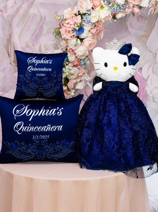 Azul marino with silver quinceanera pillows set and Kitty