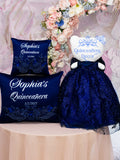 Azul marino with silver quinceanera pillows set and Doll
