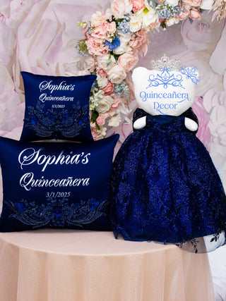 Azul marino with silver quinceanera pillows set and Doll