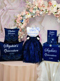 Navy Blue with silver Quinceanera package of Money Card Box, Bible, pillows set and Muneca