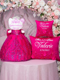 Fuchsia with silver Quinceanera pillows set and Muñeca