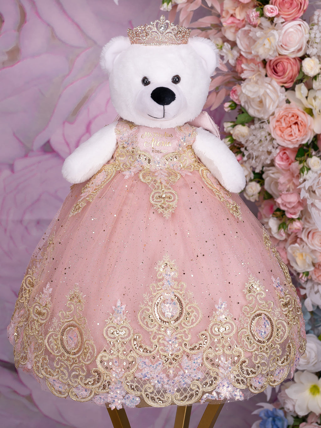 Quinceañera Teddy Bear Rose Gold Dress Edition / quinceanera-decor