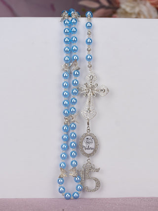 Light blue silver Quinceanera Bible with Rosary (in english)