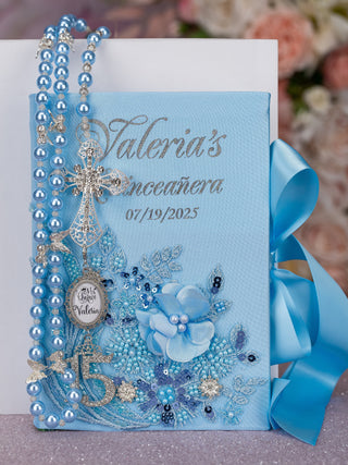 Light blue silver Quinceanera Bible with Rosary (in english)
