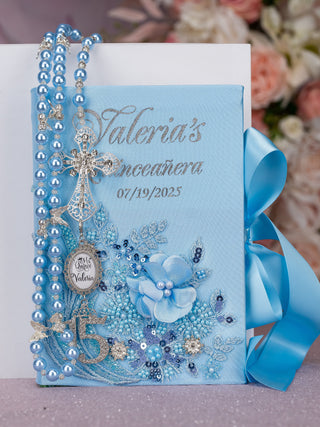 Light blue silver Quinceanera Bible with Rosary (in english)