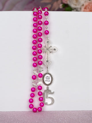 Fuchsia with Silver Quinceanera Rosary quinceanera-decor