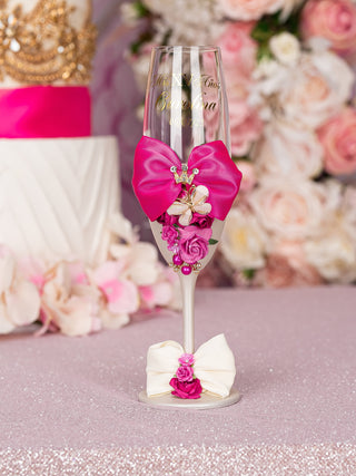 Fuchsia Bow 16 quinceanera champagne glasses