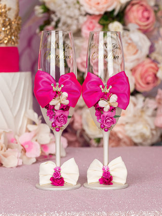 Fuchsia Bow 2 quinceanera champagne glasses