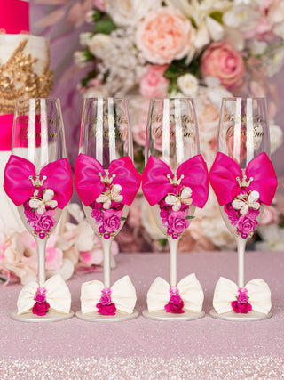 Fuchsia Bow 4 quinceanera champagne glasses