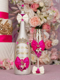Fuchsia Bow quinceanera bottle with 4 glasses