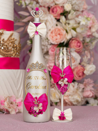 Fuchsia Bow quinceanera bottle with 4 glasses