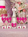 Fuchsia Bow quinceanera cake knife set with 1 glass