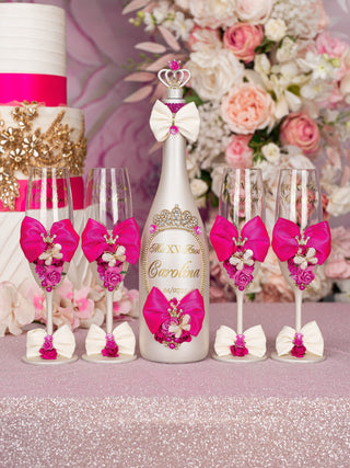 Fuchsia Bow quinceanera cake knife set with 1 glass