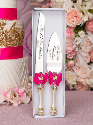 Fuchsia Bow quinceanera cake knife and server