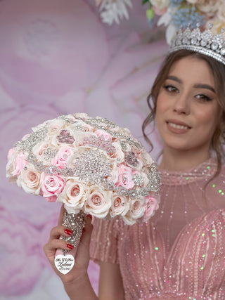 Light Pink Silver quinceanera bouquet 13 inches