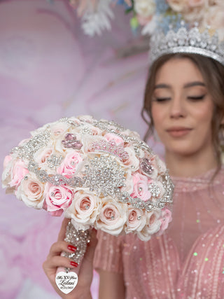 Light Pink Silver quinceanera bouquet 9 inches