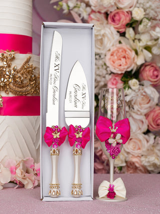 Fuchsia Bow 10 quinceanera champagne glasses