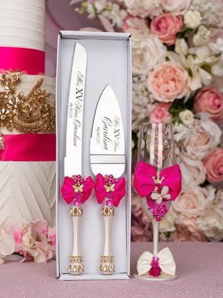 Fuchsia Bow 10 quinceanera champagne glasses