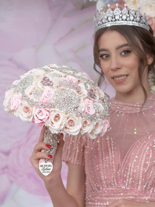 Light Pink Silver quinceanera bouquet 9 inches