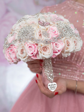 Light Pink Silver quinceanera bouquet 9 inches