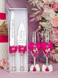 Fuchsia Bow quinceanera cake knife set with 2 glasses